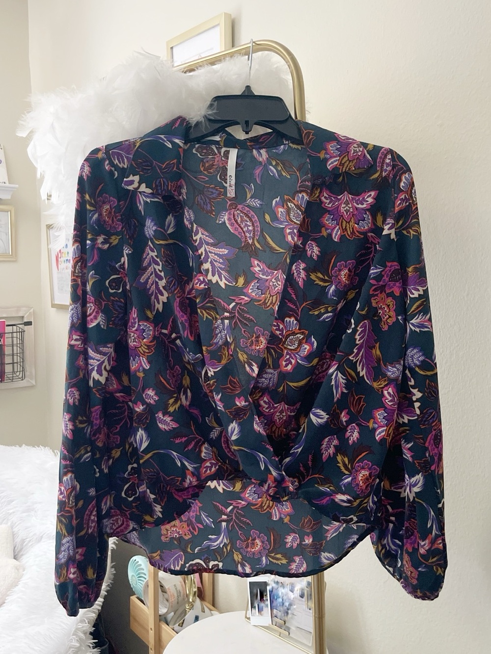 Boho retro Paisley tropical collar twist draped lightweight long sleeves blouse